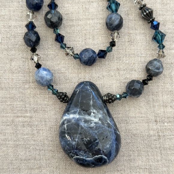 Sodalite Stone Pendant Crystal Beaded Double Strand Sterling Silver Necklace 11" - Picture 10 of 13